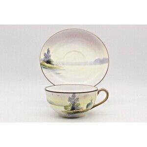 Nippon Tea Cup and Saucer Porcelain Scenic Lake View Hand Painted Japan Vintage